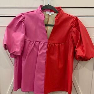 THML Pink & Red Colorblock Puff Sleeve Blouse size S vegan leather Pleather EUC